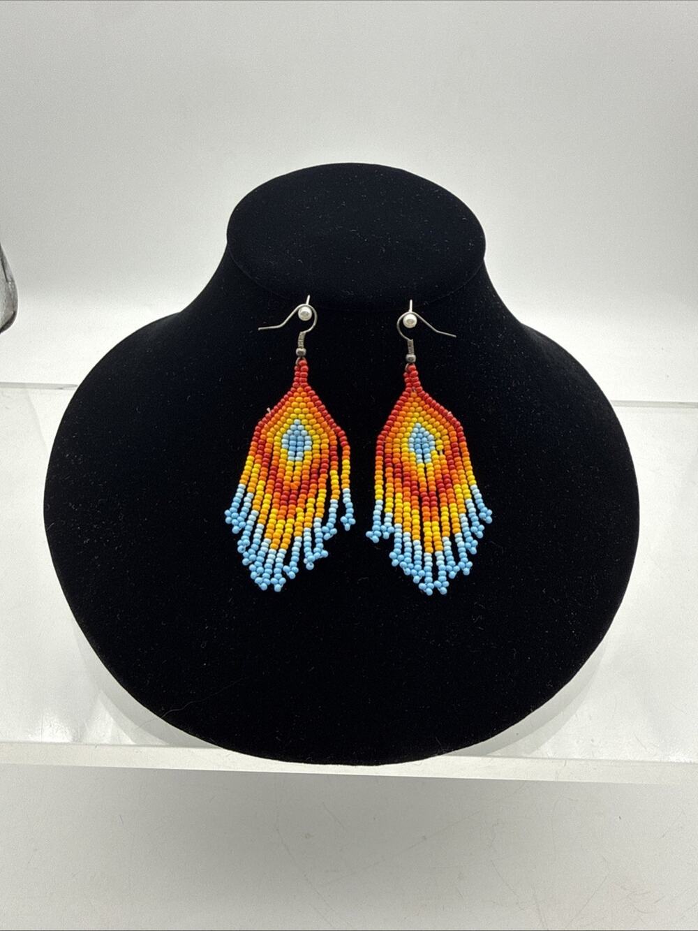 New Artisan Turquoise, Yellow, Orange, Red, Black Seed Bead Fringe Earrings⬇️